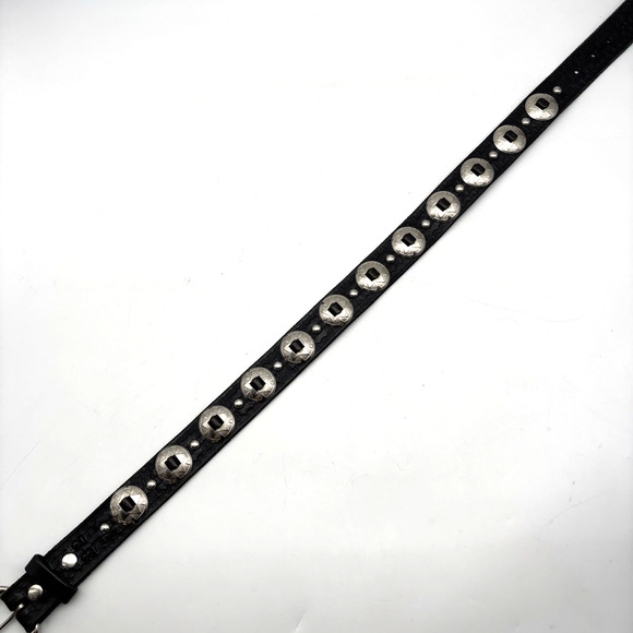 Vintage 80s Handmade Black Tooled Genuine Leather Studded Concho Belt 30-34" - Picture 10 of 16